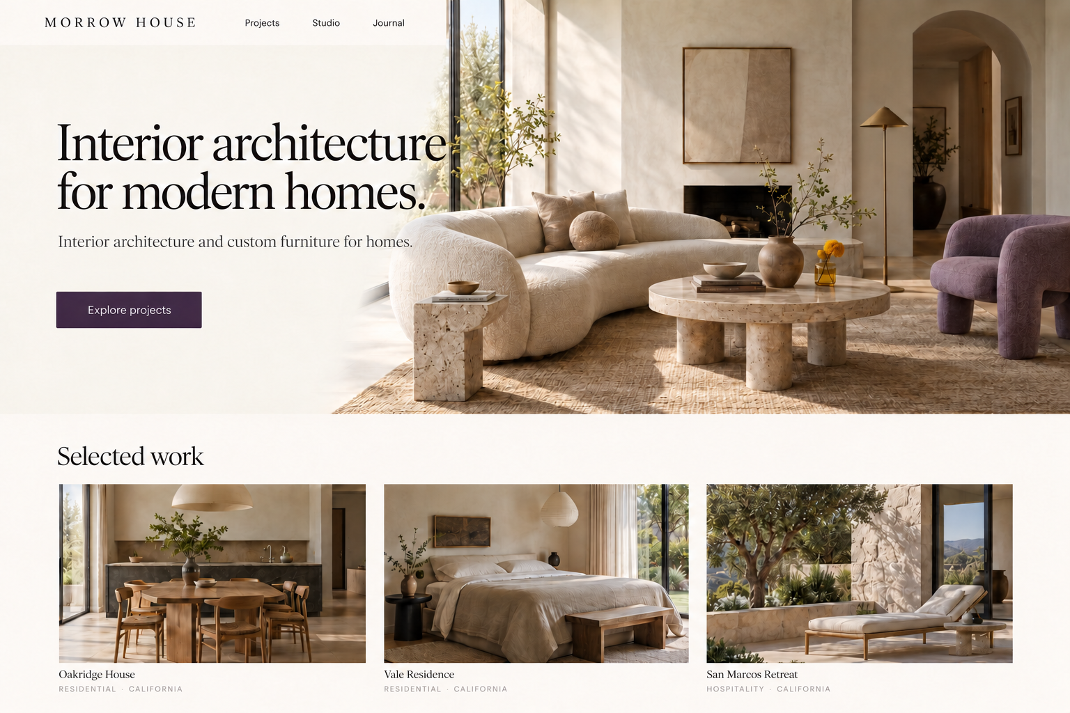 A sample interior architecture website homepage with project photography and visible page structure