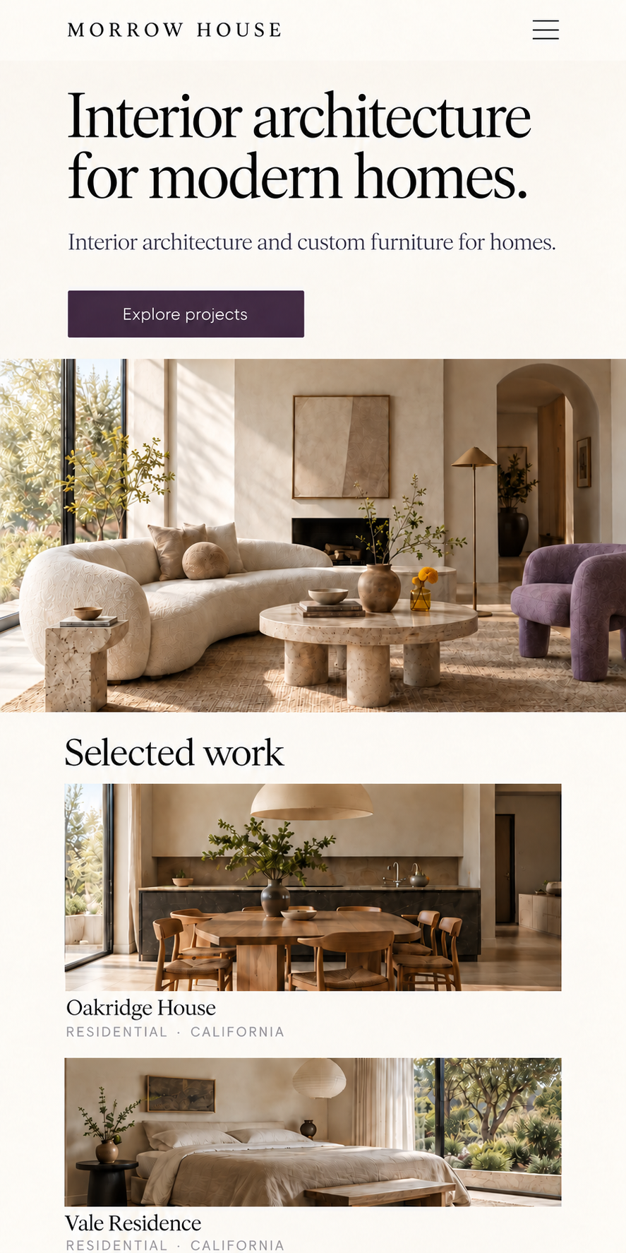 Mobile homepage view of the sample Morrow House site, showing a stacked layout and project imagery